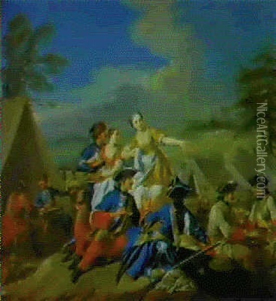 Royal Carabiniers, Hussards Et Vivandieres Au Campement Oil Painting - Jacques-Antoine Delettre