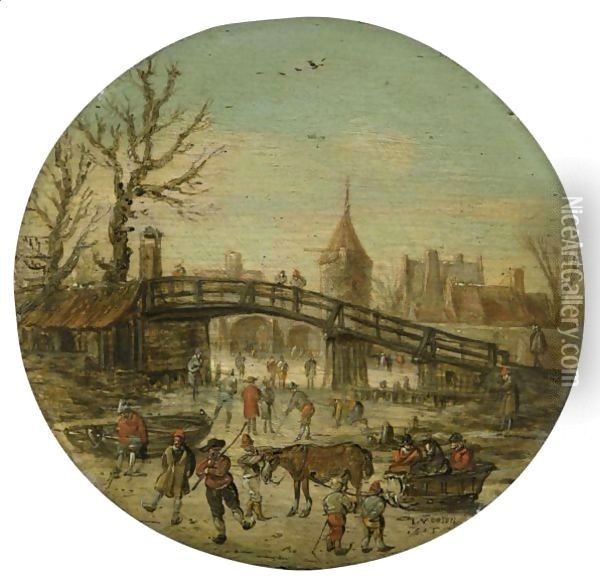 A Winter Landscape With Figures Skating On A Frozen River Before A Bridge, A Town Beyond Oil Painting - Jan van Goyen