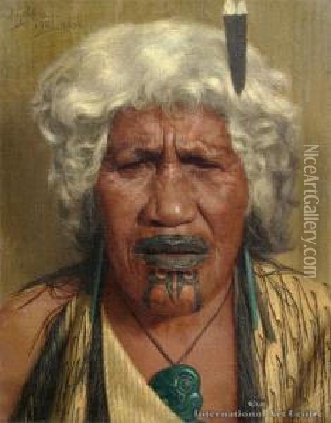 Harieta Huirua - A Chieftainess Of Thetuhourangi Tribe Oil Painting - Charles Frederick Goldie