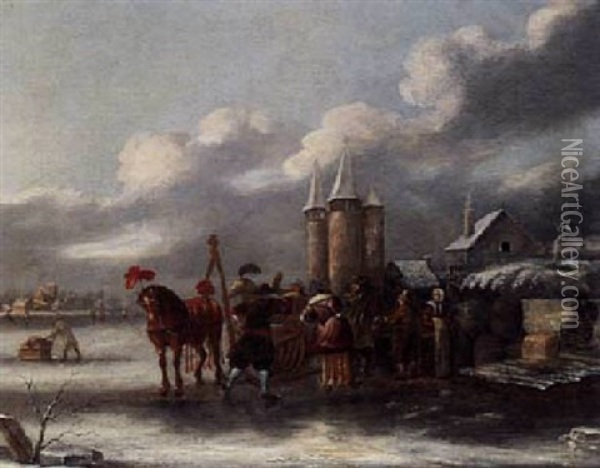 A Winter Landscape With A Horse-drawn Sleigh And Figures On The Ice Oil Painting - Thomas Heeremans
