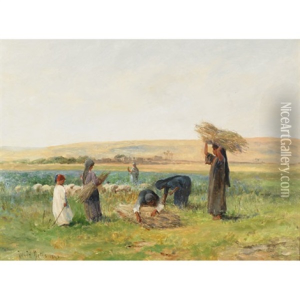 Girls Gathering Lupin Stalks (+ Shepherd And Flock In Lupin Pasture; Pair) Oil Painting - David Bates