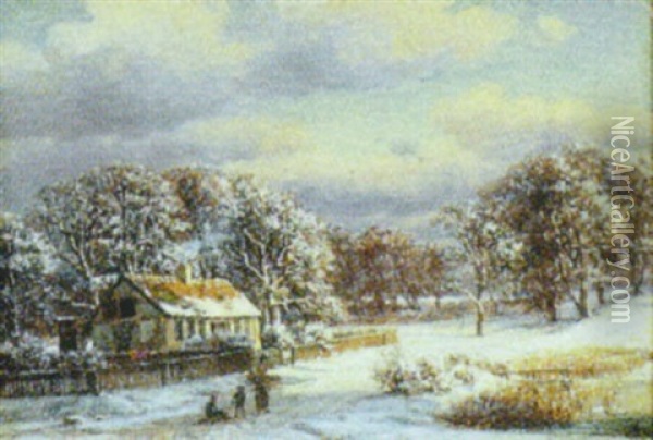 Vinterlandskab Med Hus I Skovkanten Oil Painting - Carsten Henrichsen
