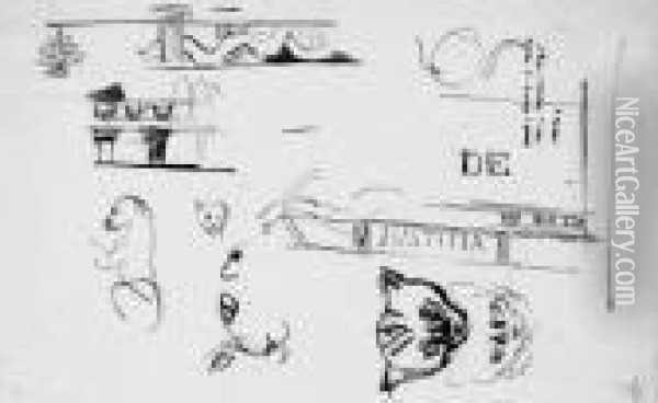 A Sheet Of Studies Of The Heads 
Of Cats, Architectural Motifs Andafter The Antique: Decoration For The 
Chambre De Deputes,paris Oil Painting - Eugene Delacroix