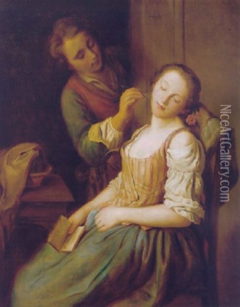 A Young Man Teasing A Sleeping Woman Oil Painting - Pietro Antonio Rotari