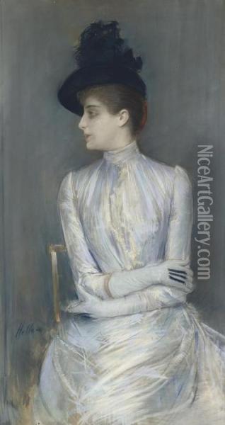 Lady With A Black Hat Oil Painting - Paul Cesar Helleu