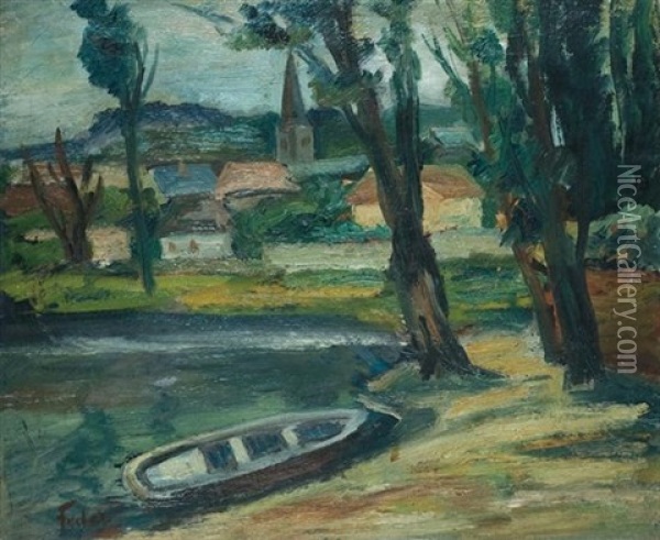 Village Landscape By River Oil Painting - Adolphe Aizik Feder