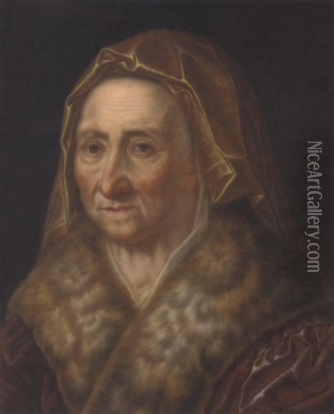 Portrait Of An Elderly Lady In A Fur Trimmed Cloak Oil Painting - Balthazar Denner