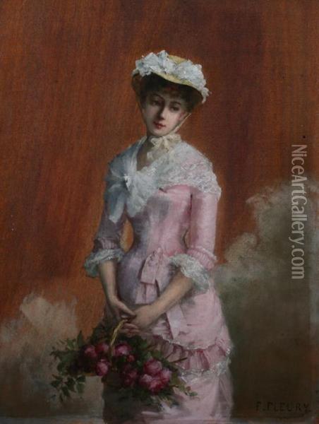 French Beauty In Pink With Basket Of Roses Oil Painting - Fanny-Laurent Fleury