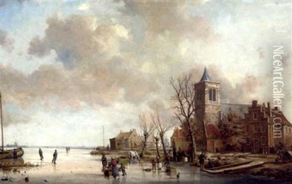 View On A Canal Near Gouda Oil Painting - A. de Groote