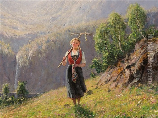 Girl In Summerly Fjord Landscape Oil Painting - Hans Dahl