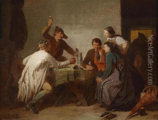 Cheerful Group In The Tavern Oil Painting - Reinhard Sebastian Zimmermann