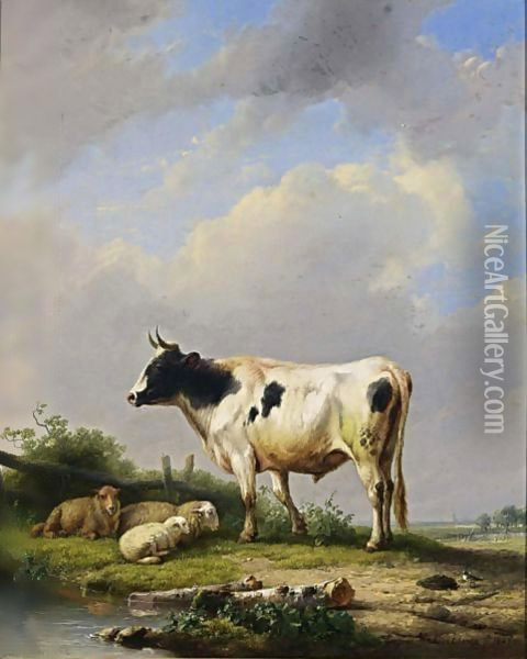 A Bull And Sheep In A Meadow Oil Painting - Eugene Verboeckhoven