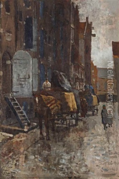 Tabakspakhuizen: A Horse Drawn Cart In Front Of The Tabacco Storehouses On The Prinseneiland, Amsterdam Oil Painting - George Hendrik Breitner