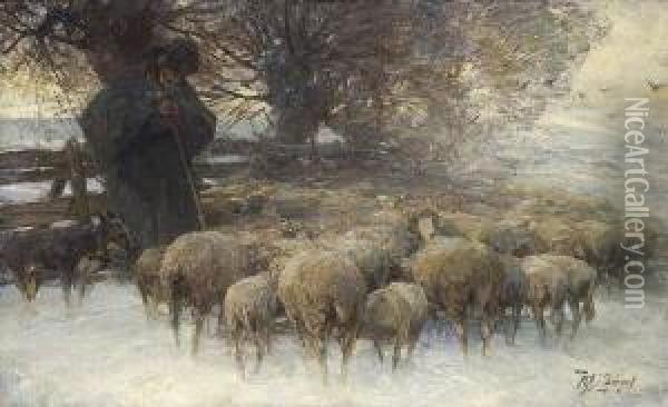 Schafer Mit Hund Und Herde Im
 Schnee Oil Painting - Heinrich Johann Von Zugel