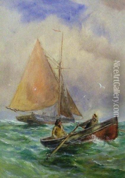 Row Boat And Fishing Trawler In Choppy Seas Oil Painting - Alexander Williams