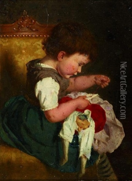 Die Puppenmutter. Kleines Madchen Stopft Konzentriert Das Puppenkleid Oil Painting - Gustav Bregenzer
