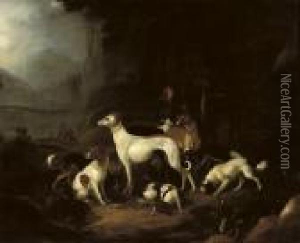 A Hunter And His Dogs Resting At The Entrance Of A Cave Oil Painting - Adriaen Cornelisz. Beeldemaker