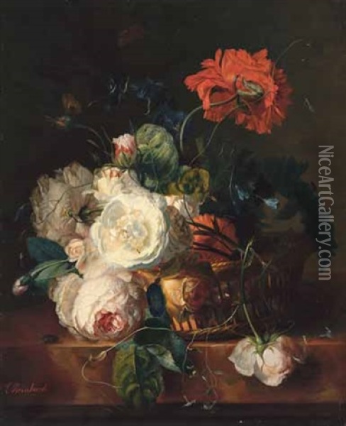 Blumenstillleben Mit Einer Sitzenden Fliege Oil Painting - Louis (Ludwig) Reinhardt