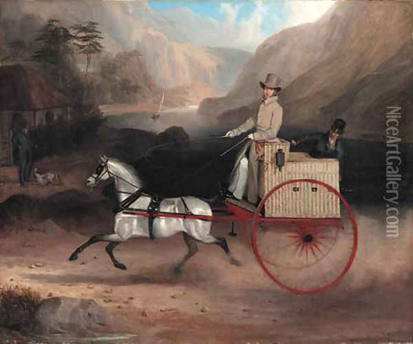A Gentleman and a Man Riding in a Cart pulled by a white pony Oil Painting - English School