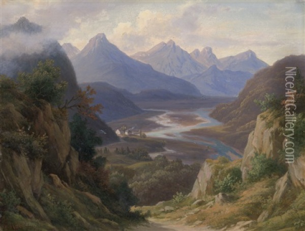 Alpenlandschaft: Blick In Ein Tal Mit Landgut Und Dorf Oil Painting - Georg Koebel