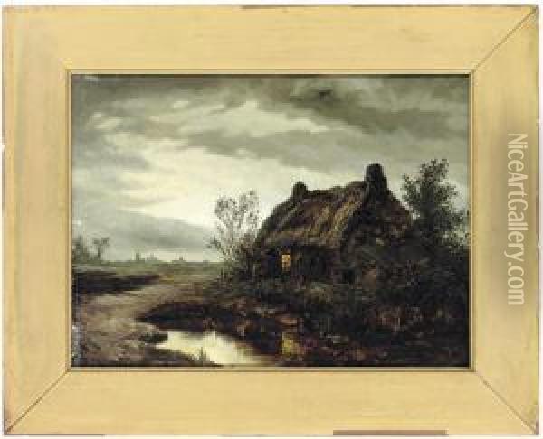 A Cottage By Moonlight; And Night-time By The Lake Oil Painting - Samuel Wagstaff