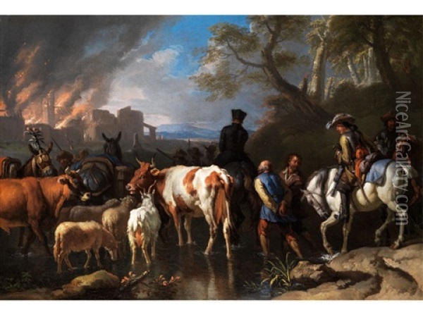 Flucht Mit Vieh Und Pferden Aus Der Brennenden Stadt Oil Painting - Pieter van Bloemen