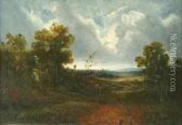 Wooded Landscape Withcottage And Figures Oil Painting - John Constable