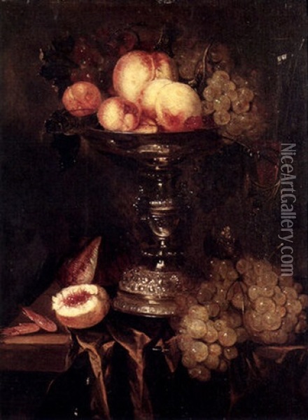 A Still Life With Peaches And Grapes In A Silver Bowl And Other Fruit On A Tabletop Oil Painting - Abraham van Beyeren