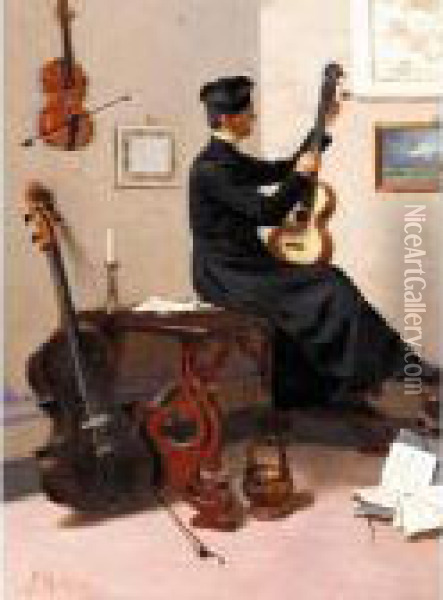 Tuning The Guitar Oil Painting - Pompeo Massini