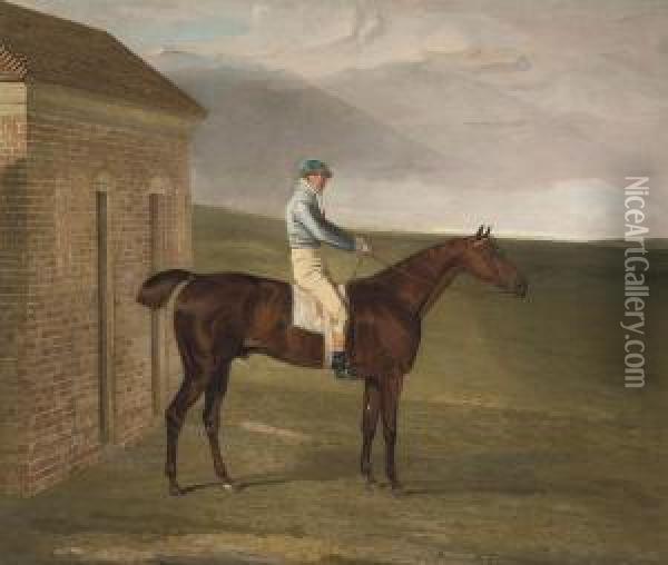 Burleigh, A Chestnut Racehorse, With Sam Chifney Oil Painting - Benjamin Marshall
