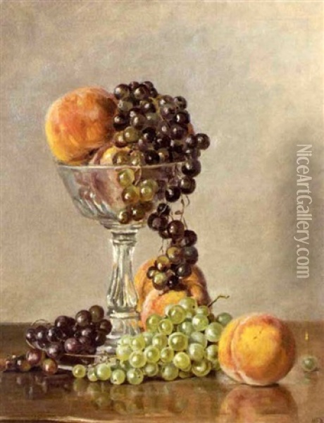Still-life Of Peaches And Grapes In A Glass Compote Oil Painting - Conrad Wise Chapman
