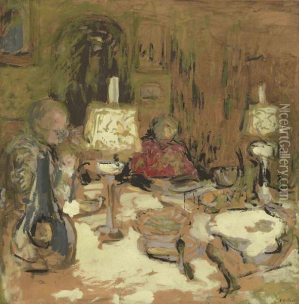 Le Diner Aux Deux Lampes, Rue De Calais Oil Painting - Jean-Edouard Vuillard