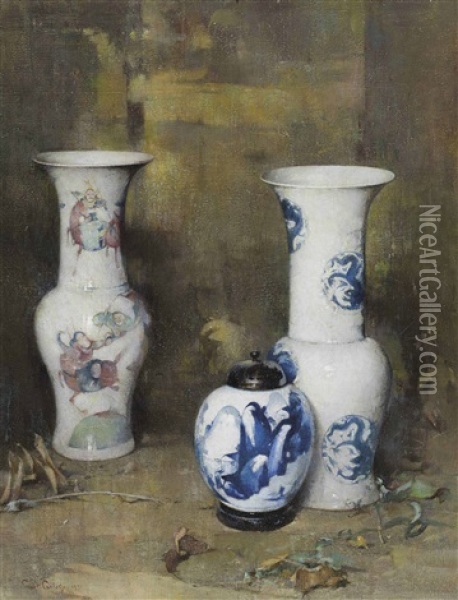 Ming Vases (and Ginger Jar) Oil Painting - Emil Carlsen
