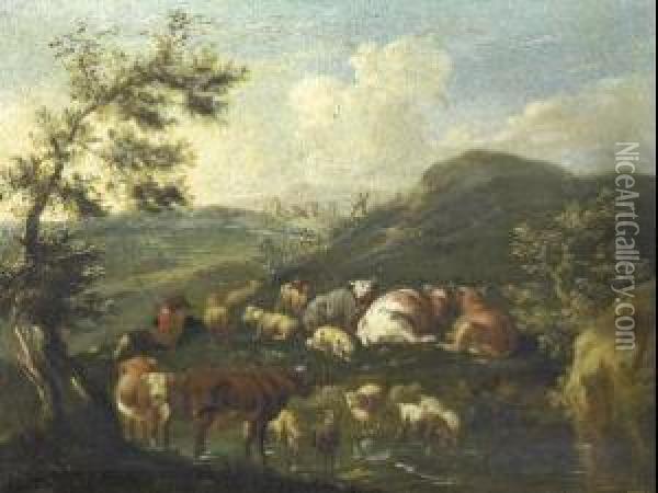Armenti Al Pascolo Con Pastore In Un Paesaggio Agreste Oil Painting - Dirk van Bergen