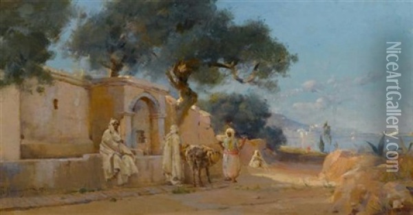 Drei Manner Am Brunnen, Wohl In Algier Oil Painting - Abraham Hermenjat