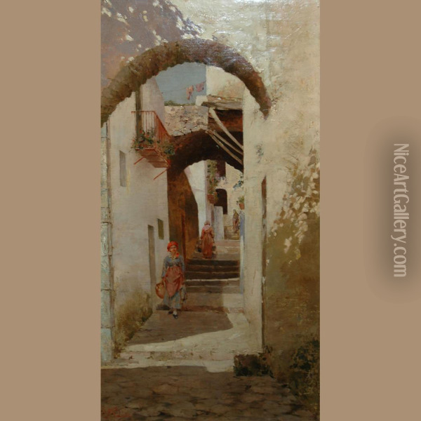 Woman With Water Jug In A Narrow Village Street Oil Painting - Leopoldo Galeota