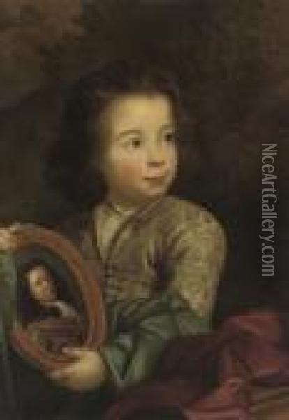 Portrait Of A Young Boy, 
Half-length, In A Grey Silk Embroidered Coat And Blue Wrap, Holding A 
Portrait Of A Gentleman, In A Landscape Oil Painting - Philippe Mercier