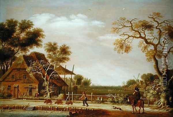 Village Scene with a Man Driving Three Pigs Oil Painting - Rafel Govertsz Camphuysen