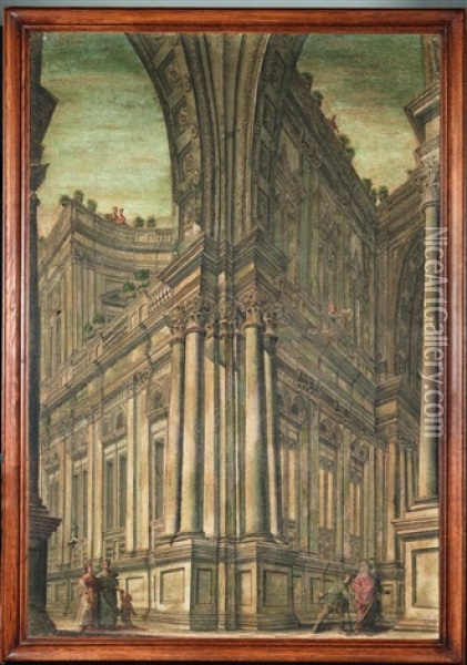 Suite De Quatre Caprices D'architecture (4 Works) Oil Painting - Giuseppe Galli Bibiena