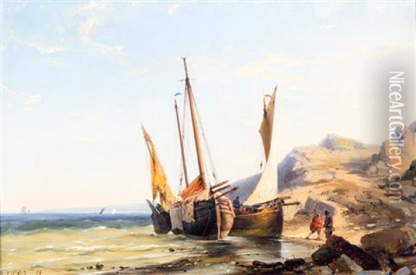 Vissersbootje In Baaitje Aan De Engelse Kust Oil Painting - Johannes Hermanus Barend Koekkoek