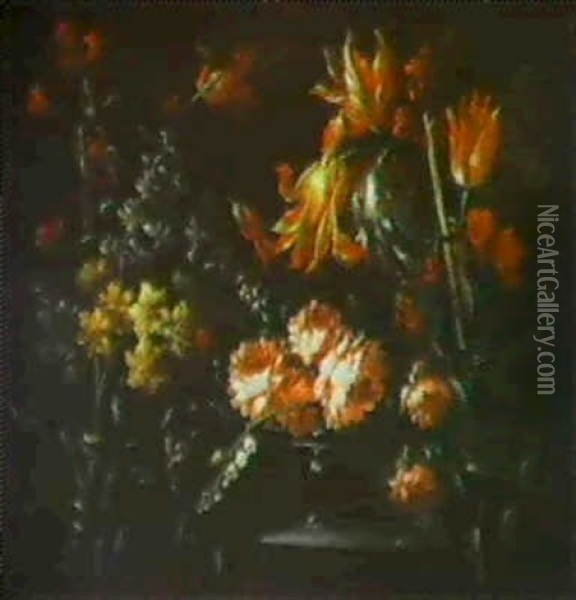 Blumenstilleben Von Rosen, Tulpen Und Celosien Oil Painting - Margherita Caffi