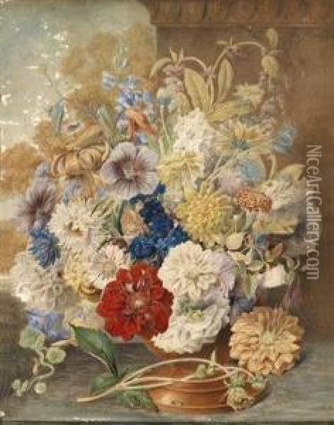 Alarge Still Life With Asters And Martagon Lilies Oil Painting - Sebastian Wegmayr