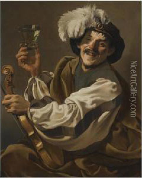 A Jovial Violinist Holding A Glass Of Wine Oil Painting - Hendrick Terbrugghen
