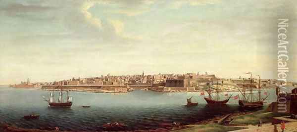 View of Valetta and the Grand Port of Malta with Ships of the Knights of St. John Oil Painting - Alberto Pulicino