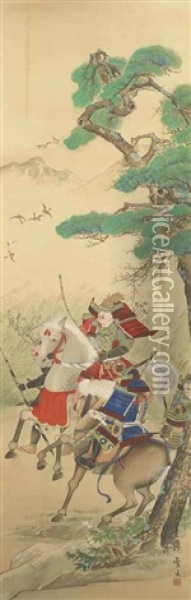 Minamoto No Yoshiie In Full Armour On Horseback Oil Painting - Moikawa Sobun