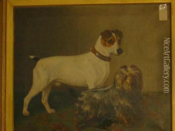 Portrait Of A Yorkshire Terrier And A Jack Russell Oil Painting - Walter Harrowing