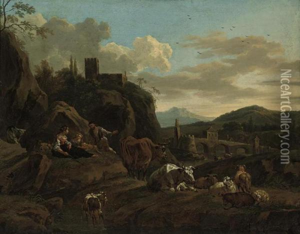 An Italianate Landscape With Peasants And Cattle, Goats And Sheep Oil Painting - Nicolaes Berchem