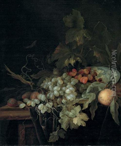 Grapes In A Porcelain Bowl, An Orange, And Plums On A Table Oil Painting - Gregorius De Coninck