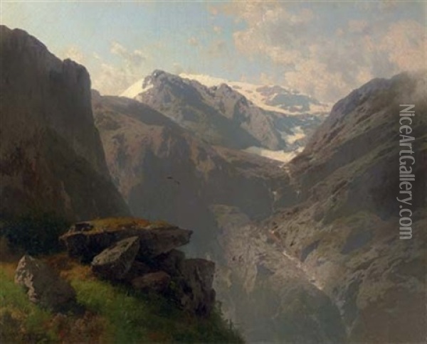 Norwegian Highlands, Loerdals Fjord Oil Painting - Hermann Herzog