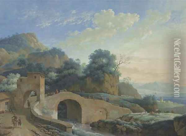 A mountain landscape with a bridge over a river in the foreground Oil Painting - Jacob Philipp Hackert